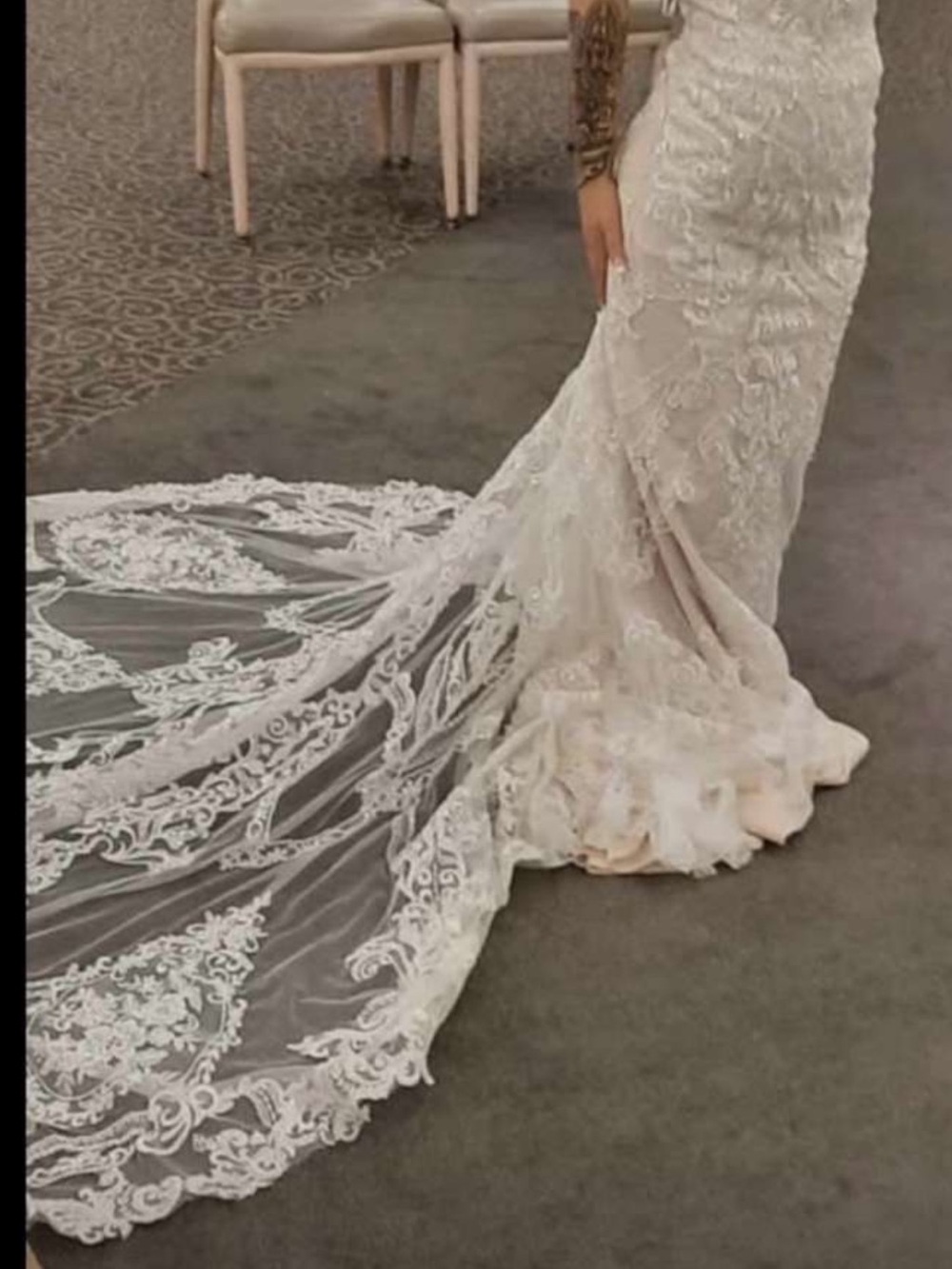 Oleg Cassini Ivory Lace Mermaid Wedding Gown with Cathedral Train